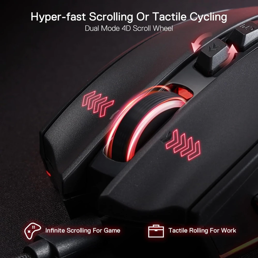 Redragon M813 RGB Wired Gaming Mouse with 4D Dual Mode Scroll Wheel ، Mouse Orgonomic Pansical Mouse with 16000 DPI ، 3333 Sensor High Precision ، 7 مفاتيح ماكرو ، برنامج مدعوم من البرامج