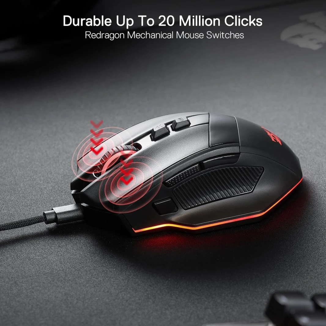 Redragon M813 RGB Wired Gaming Mouse with 4D Dual Mode Scroll Wheel ، Mouse Orgonomic Pansical Mouse with 16000 DPI ، 3333 Sensor High Precision ، 7 مفاتيح ماكرو ، برنامج مدعوم من البرامج