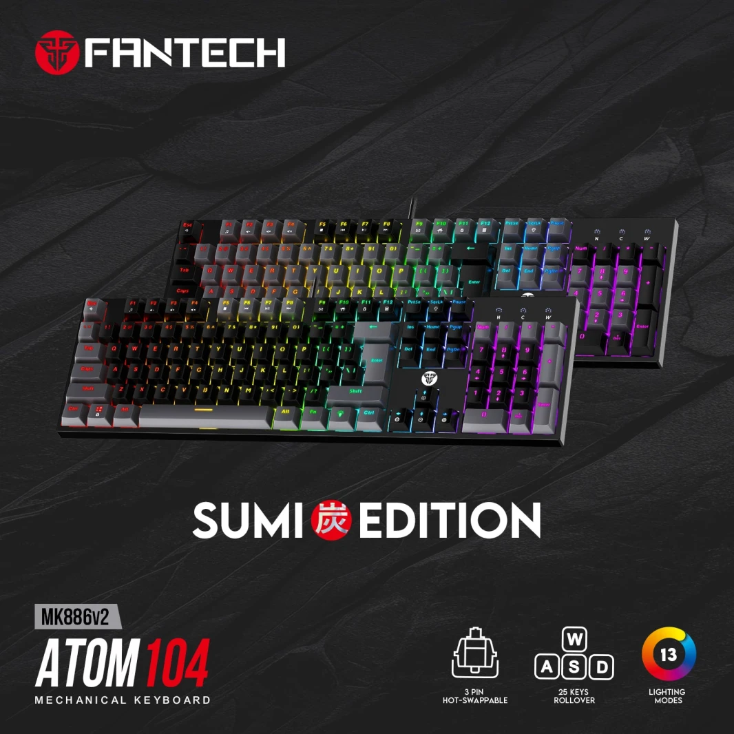 Fantech Atom TKL MK886V2 104Keycaps Keycaps لوحة المفاتيح الميكانيكية