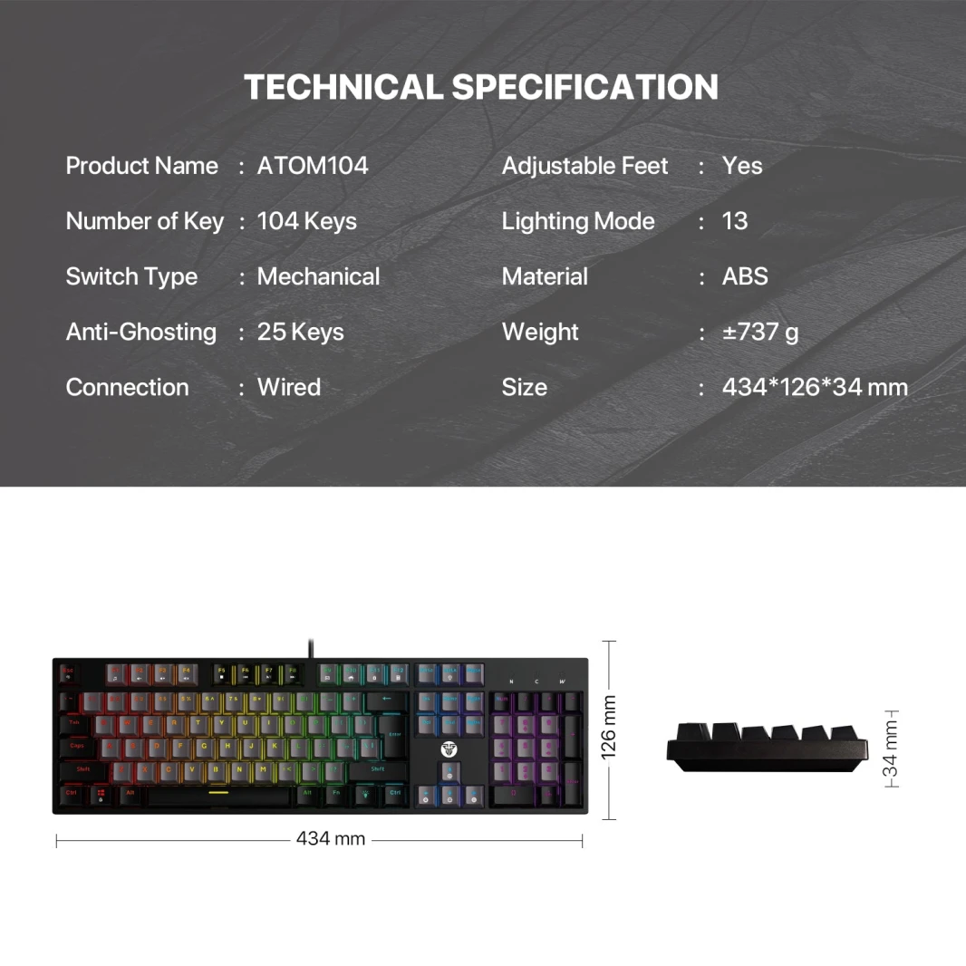 Fantech Atom TKL MK886V2 104Keycaps Keycaps لوحة المفاتيح الميكانيكية