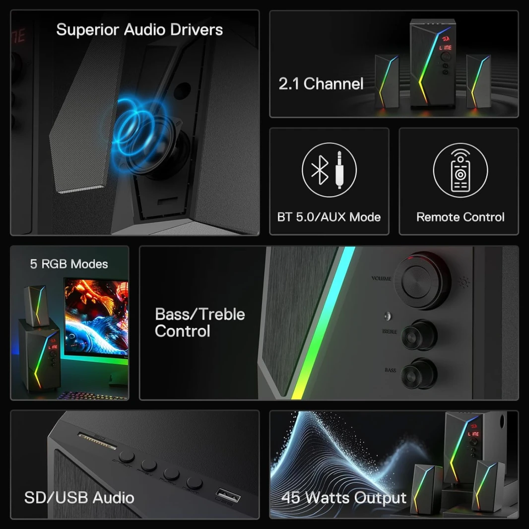 Redragon GS520 PRO Computer Gaming Speakers with Subwoofer, 2.1 Channel RGB