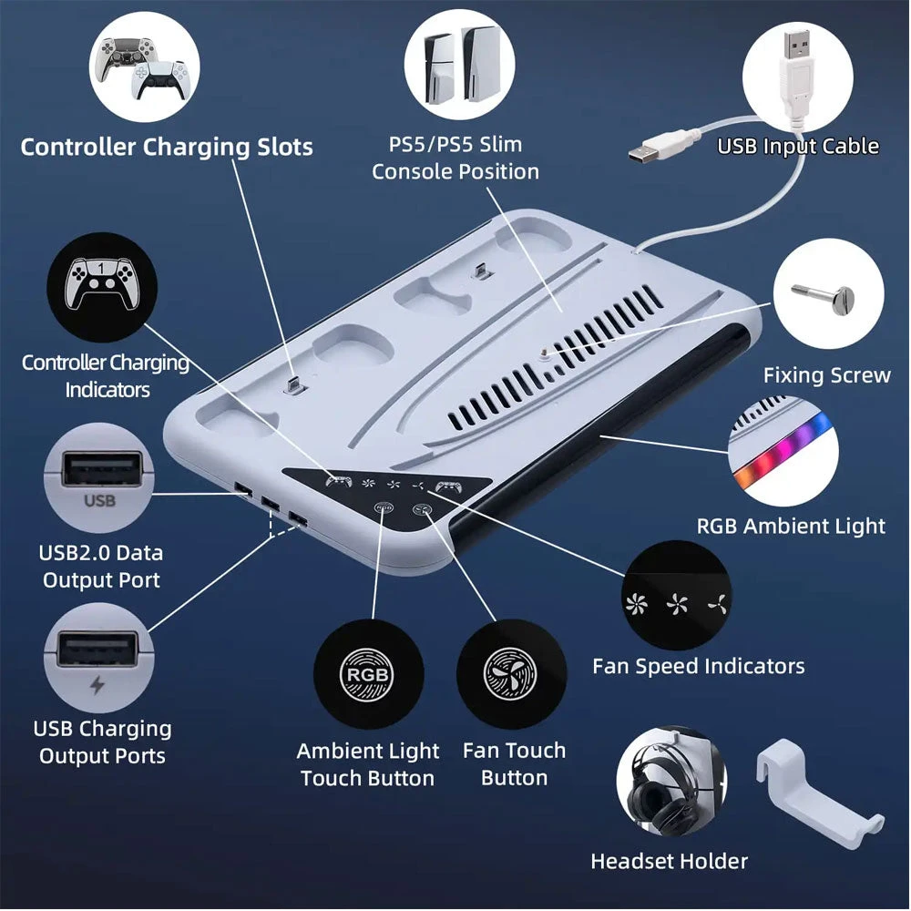 DOBE TP5-3557 Multifunctional Cooling Stand Controller Charger Headphone Hook