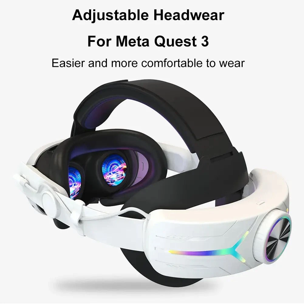 حزام رأس VR قابل للتعديل RGB لـ META QUEST 3 تقليل حزام رأس الضغط المدمج في 8000 مللي أمبير في الساعة لتصفيات Meta Quest 3 سماعات الرأس