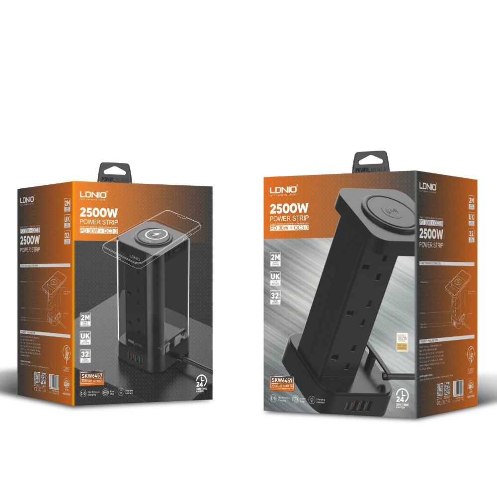 Ldnio 2M Tower Extructed مع 6 مآخذ ، 4 فتحات USB وشاحن لاسلكي المملكة المتحدة