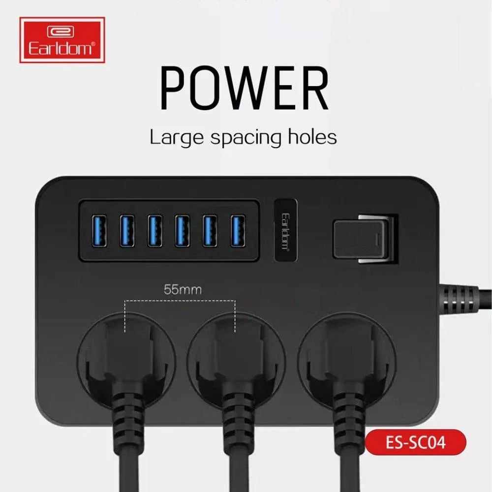Earldom SC04 EU-Socket 3000W 6USB Ports 3 Power Socket 3.1A 200CM