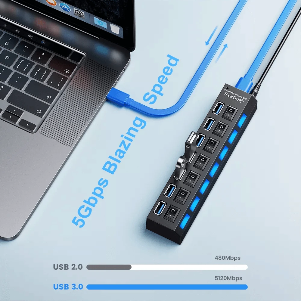 USB 3.0 HUB Multi USB SPLITTER 7 منفذ مع التبديل لوضع الكمبيوتر الشخصي