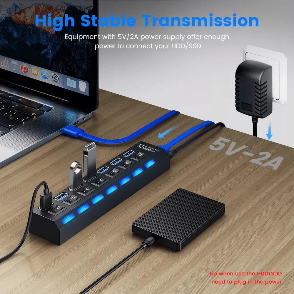 USB 3.0 HUB Multi USB SPLITTER 7 منفذ مع التبديل لوضع الكمبيوتر الشخصي