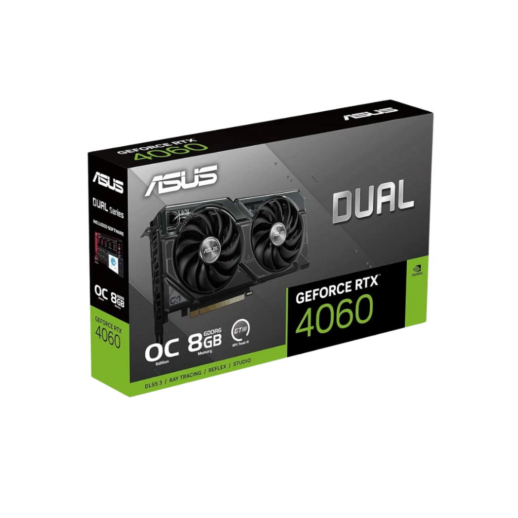 ASUS Dual Geforce RTX ™ 4060 OC Edition 8GB GDDR6 (PCIE 4.0 ، 8GB GDDR6 ، DLSS 3 ، HDMI 2.1A ، DisplayPort 1.4A ، 2.5 SLOT DESIGN ، وتصميم مروحة التكنولوجيا المحورية ، والتكنولوجيا 0DB ، وأكثر)