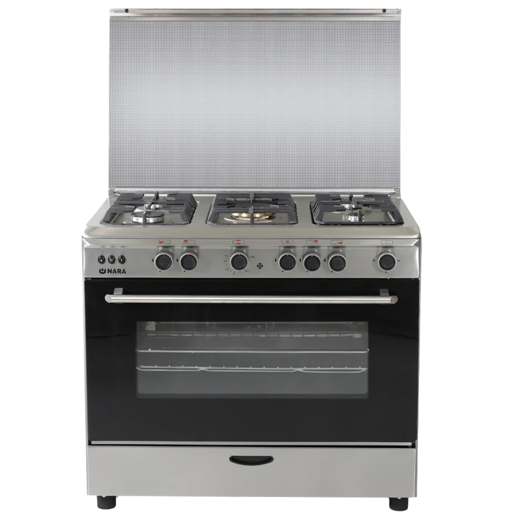 Nara Gas Cooker 90cm - 5 Burners, Matt Stainless Steel, Cast Iron