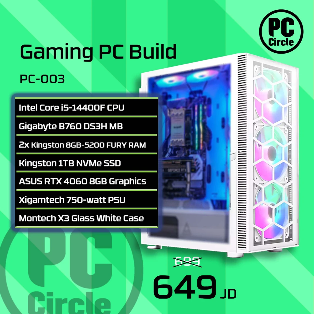 PC-003 [14th i5-14400f/Gigabyte B760 DS3H/2x8GB-5200 RAM/1TB NV3 SSD/ASUS RTX 4060-OC-2FANS-8GB/Xigmatek Hydra M 750-Watt/Montech X3 Glass Case]