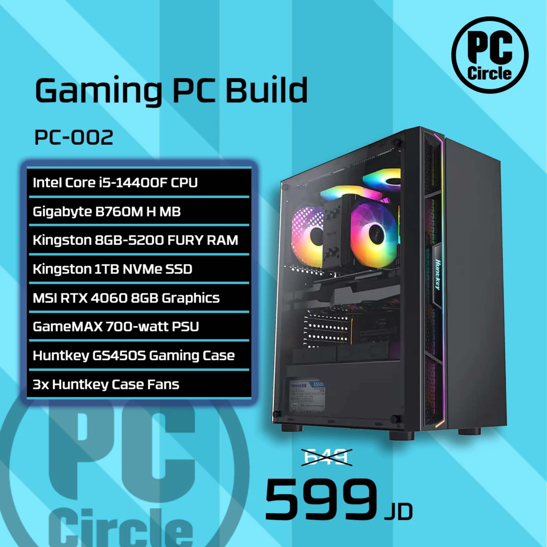 PC-002 Gaming PC Build [14th i5-14400f/Gigabyte B760M H/8GB-5200 RAM/1TB NV3 SSD/MSI RTX 4060-2FANS-8GB/HANTKEY GS450S CASE/GAMEMAX 700-WATT PSU/3XHUNTKEY]