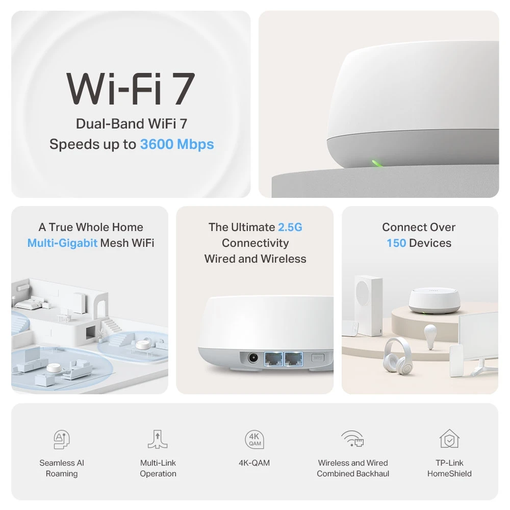 TP-Link Deco BE25 BE3600 WINE Home Mesh WiFi 7 System-2.5 GBPS PORT WIRED-تسرع حتى 3600 ميغابت في الثانية-3 عبوة