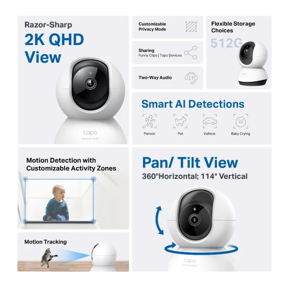 TP-Link Tapo C220 PAN/TILT Home Security Wi-Fi Camera-2K QHD– Audio Audio