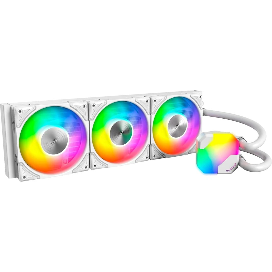Montech Hyperflow Argb 360 - AIO CPU Cileer Cooler ، Intel & AMD متوافق | محسّن 3100 دورة في الدقيقة مضخة مياه تصميم رائع - أبيض