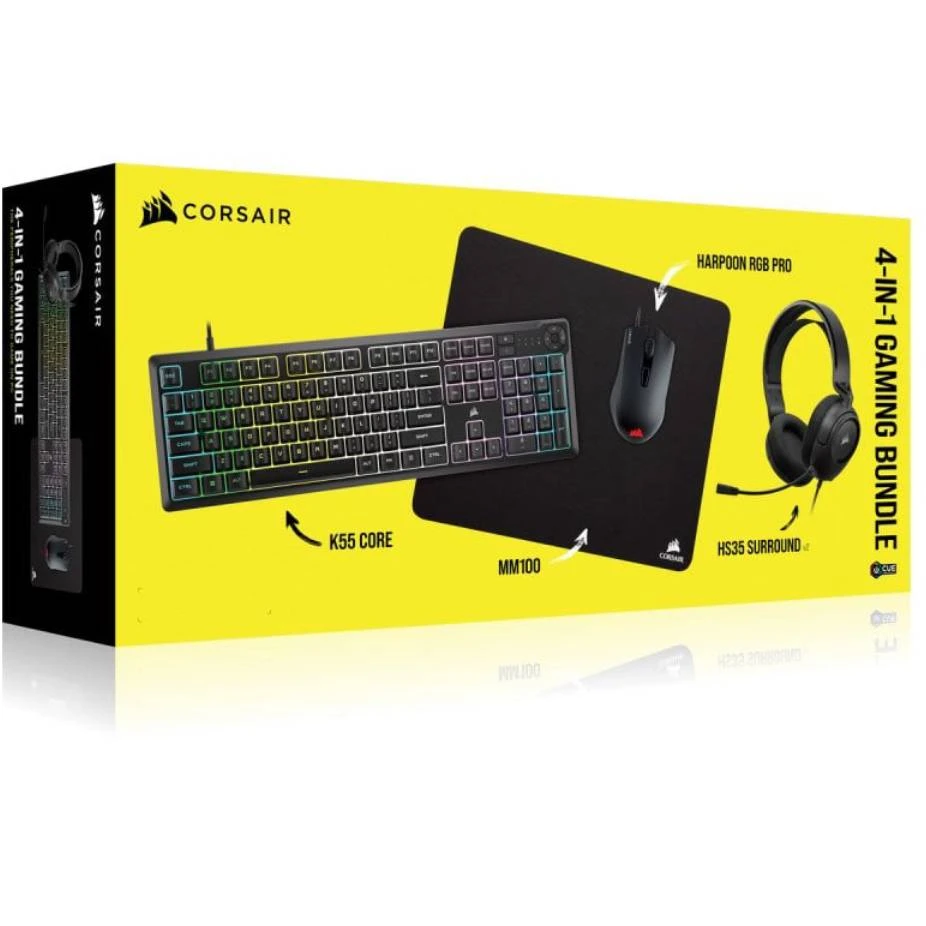 Corsair 4 in 1 Gaming Bundle (Harpoon RGB Pro / HS35 المحيط / MH100 / K55 CORE)-CH-926F65-NA