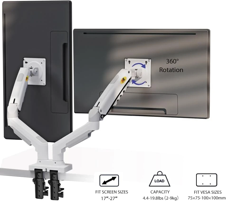 NB North Bayou F160 Dual Monitor Arm with Gas Spring for 17-27” Monitors White