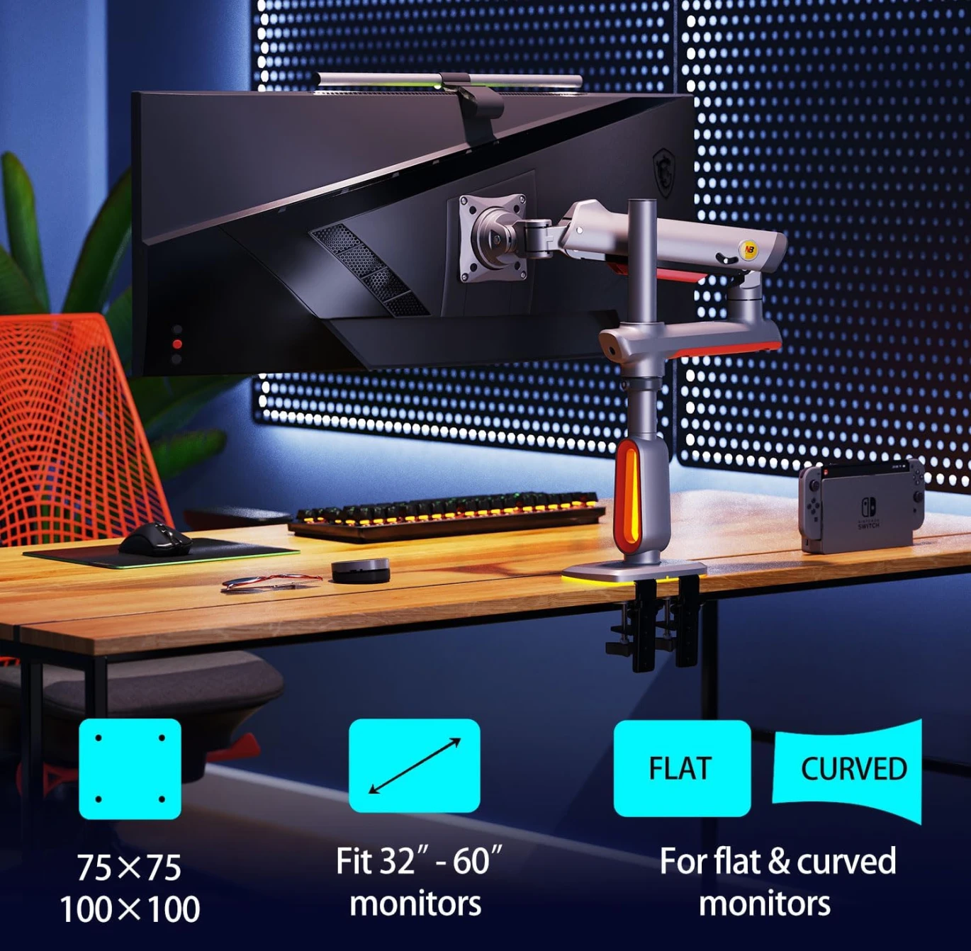 NB North Bayou L70 Gaming Monitor-Arm-Arm RGB Mount-32 بوصة تصل إلى 60 بوصة-Vesa 75/100 مم-حمولة حامل ثقيلة تصل إلى 20 كجم