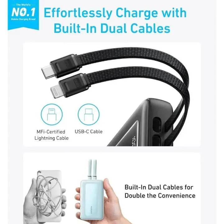 Anker Zolo Power Bank 10000mah 30W-مدمج USB-C وكابلات Lightning A1680-أسود
