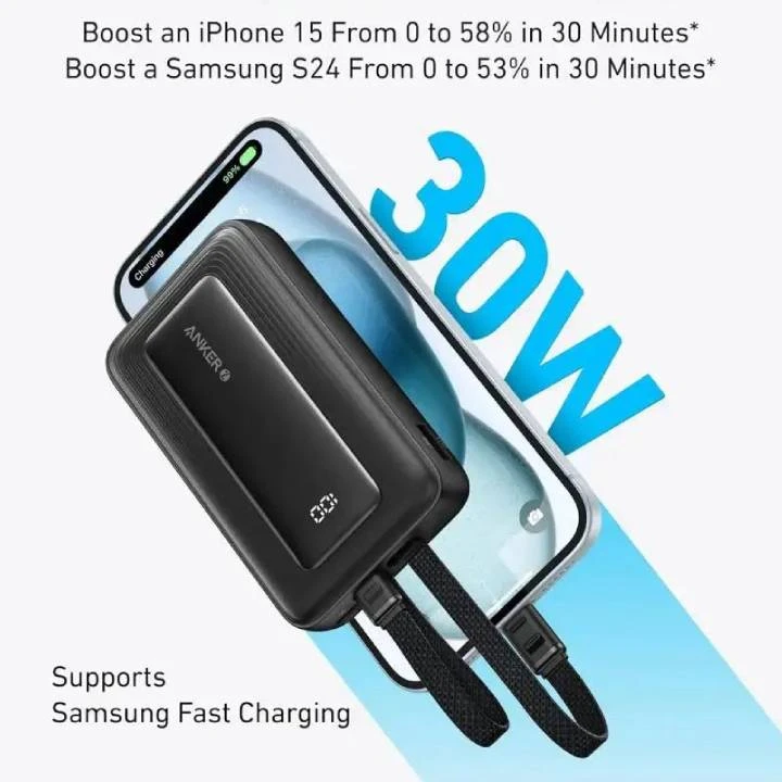Anker Zolo Power Bank 10000mah 30W-مدمج USB-C وكابلات Lightning A1680-أسود