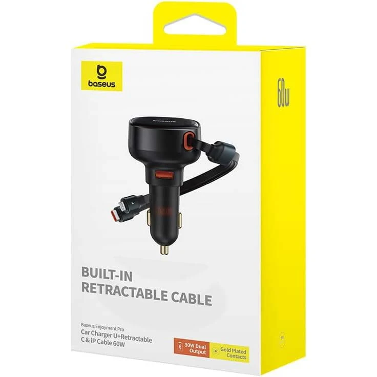شاحن سيارة BASEUS USB-A + USB-C + الإضاءة القابلة للسحب 60W أسود C00057802111-02