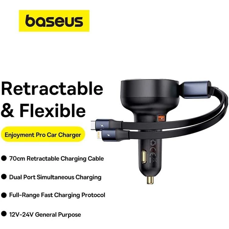 شاحن سيارة BASEUS USB-A + USB-C + الإضاءة القابلة للسحب 60W أسود C00057802111-02