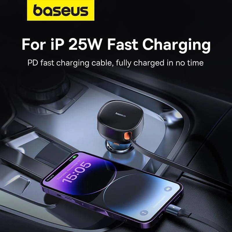 شاحن سيارة BASEUS USB-A + USB-C + الإضاءة القابلة للسحب 60W أسود C00057802111-02