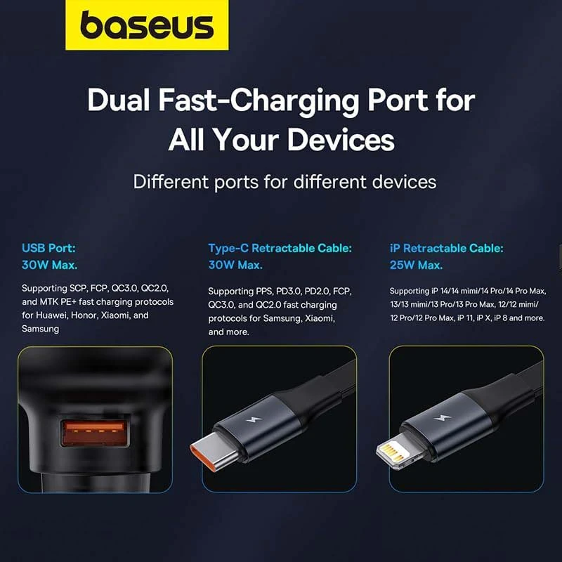 شاحن سيارة BASEUS USB-A + USB-C + الإضاءة القابلة للسحب 60W أسود C00057802111-02