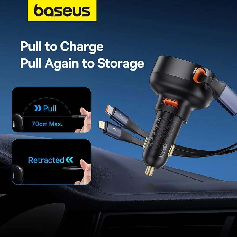 شاحن سيارة BASEUS USB-A + USB-C + الإضاءة القابلة للسحب 60W أسود C00057802111-02