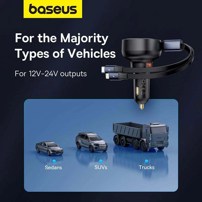 شاحن سيارة BASEUS USB-A + USB-C + الإضاءة القابلة للسحب 60W أسود C00057802111-02