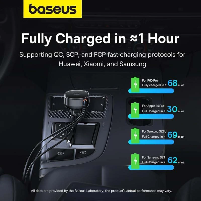 شاحن سيارة BASEUS USB-A + USB-C + الإضاءة القابلة للسحب 60W أسود C00057802111-02