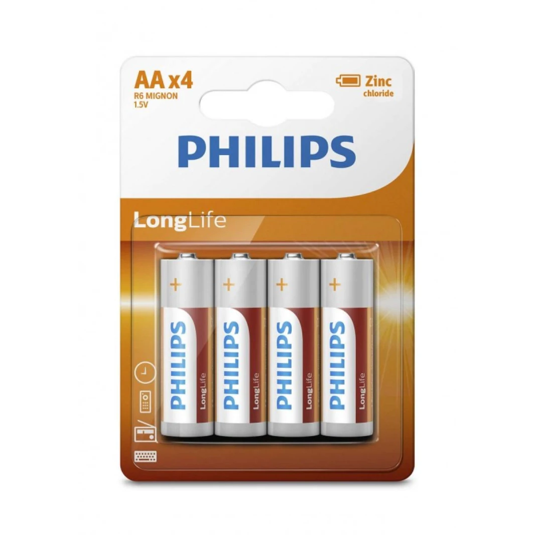 بطاريات Philips Long Life AA - 4 عبوات - كلوريد الزنك