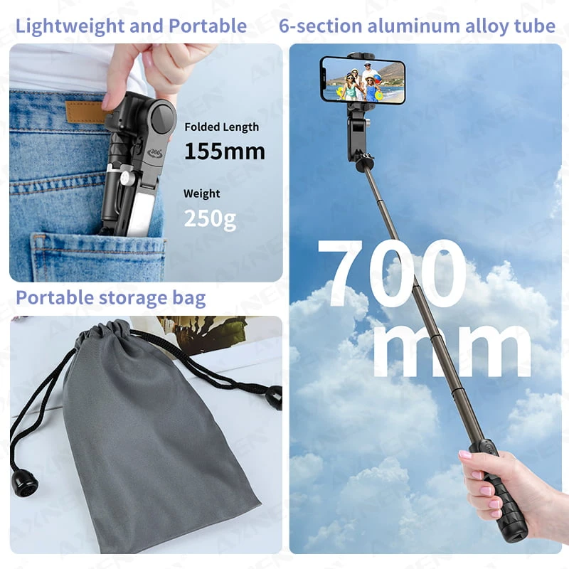 Gimbal Selfie Selfie Stick 360 Tripod قابل للطي مع Remote & Light [Q18]
