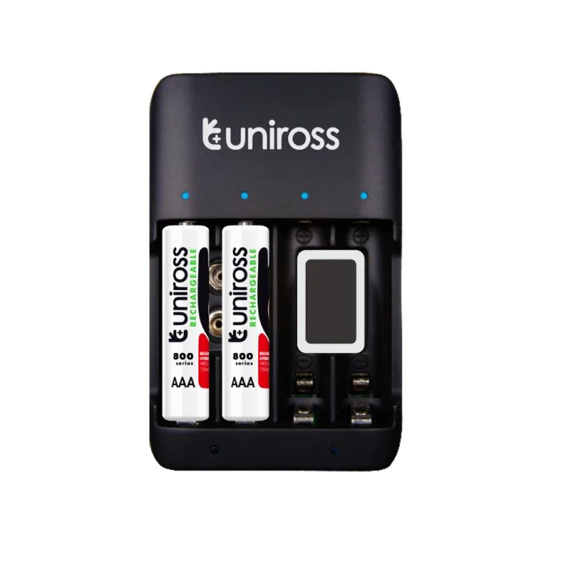 Uniross Super Super Compact Multi Battery Charger مع بطاريات 4X AA (2000 MAH) NIMH القابلة لإعادة الشحن [UCU004A]