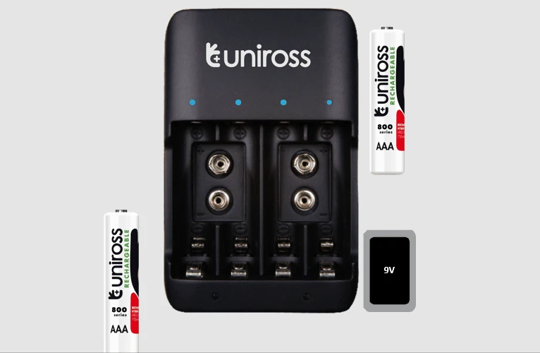 Uniross Super Super Compact Multi Battery Charger مع بطاريات 4X AA (2000 MAH) NIMH القابلة لإعادة الشحن [UCU004A]