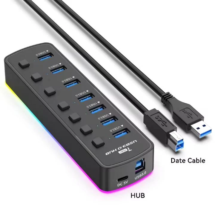 7 منافذ USB 3.0 محور - مفتاح تشغيل/إيقاف فردي - ضوء RGB