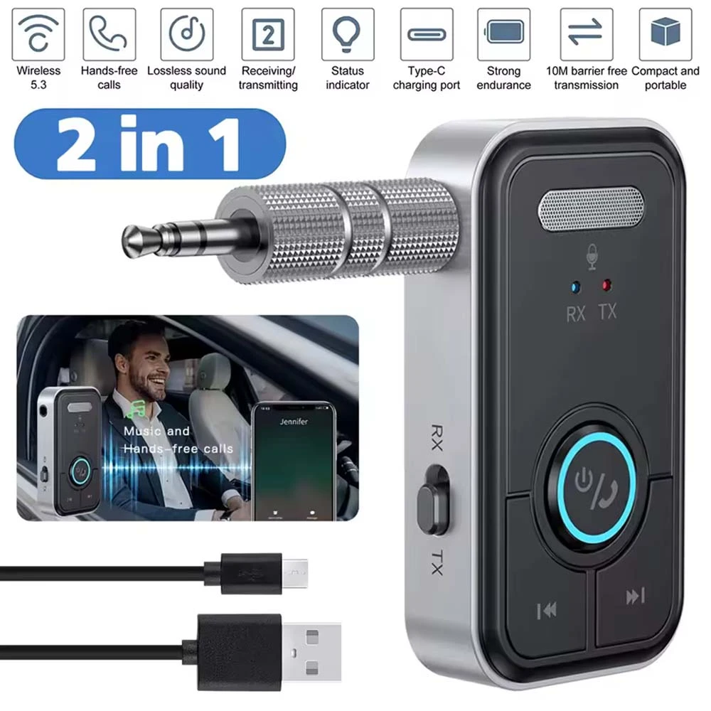 2 في 1 بلوتوث لاسلكي 5.3 جهاز إرسال جهاز الإرسال 3.5 ملم جاك AUX Aux Stereo Audio Adapter لمكبرات الصوت الخاصة بالسيارات.