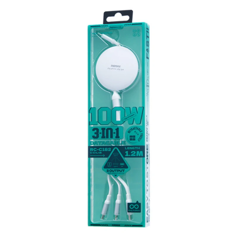 Remax Drip Series 100W قابلة للسحب 3 في 1 شحن سريع 120 سم RC-C182-(USB إلى iPhone ، النوع C ، Micro)