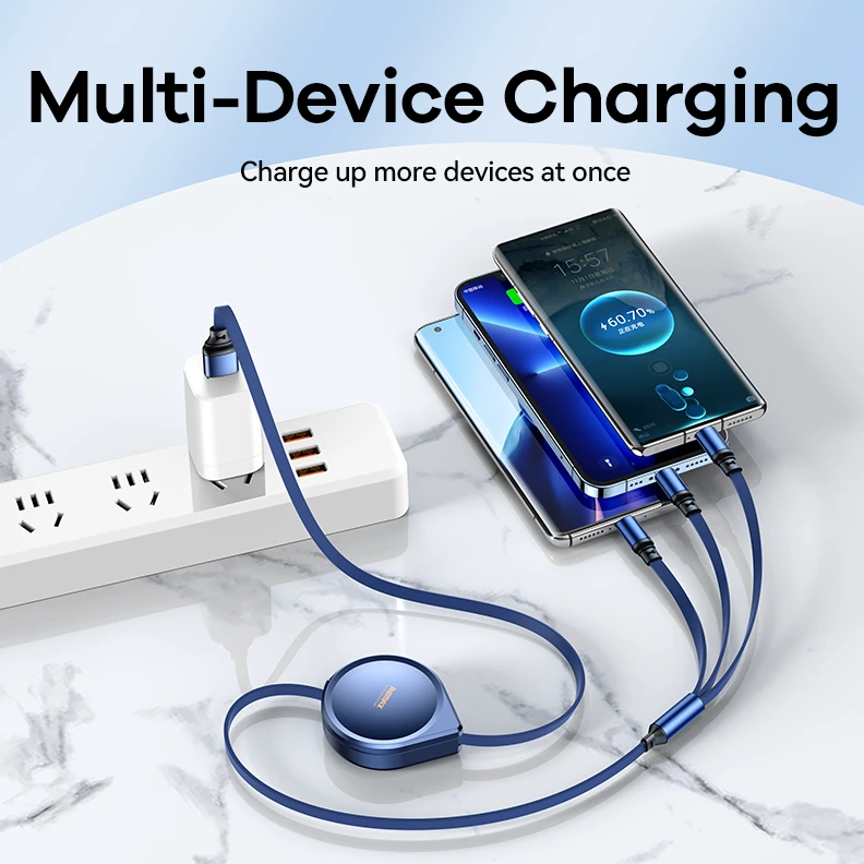 Remax Drip Series 15W قابلة للسحب 3 في 1 شحن سريع 120 سم RC-C018 (USB إلى iPhone ، النوع C ، Micro)