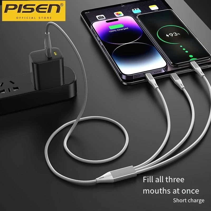 PISEN 3IN1 النوع C و iPhone و MicroUSB شحن سريع شحن كابل مضفر-AP-FC17-1200