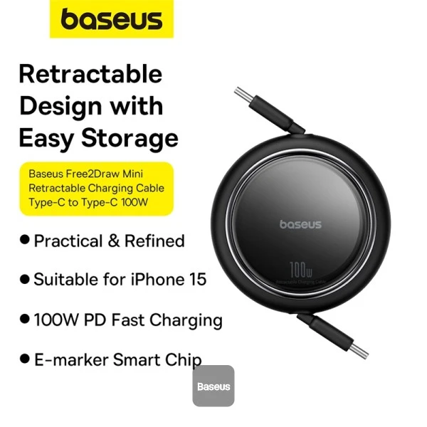 BASEUS FREE2DRAW MINI قابلة للسحب 1M USB-C إلى USB-C 100W كابل أسود P10364500111