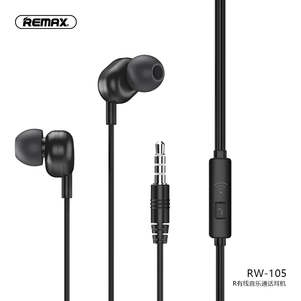 Remax RW-105 Music Earphone Black مع سماعات سلك HD MIC IN-EAR 3.5 مم لـ iPhone 6S 6S 5S 5 Xiaomi Samsung Huawei Earbuds