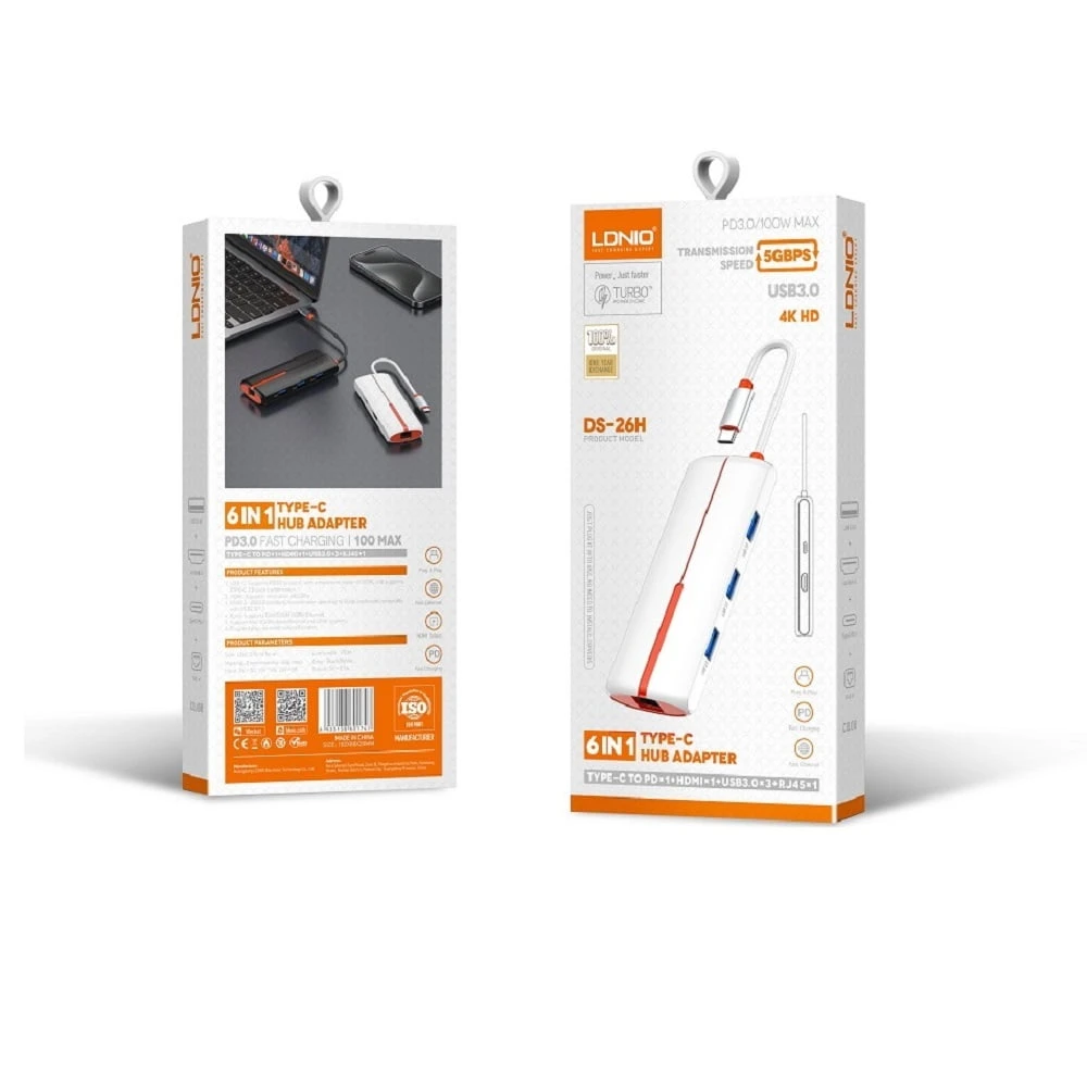 Ldnio DS-26H 6 في 1 (النوع C PD ، HDMI ، USB 3.0 ، RJ45) محطة الإرساء