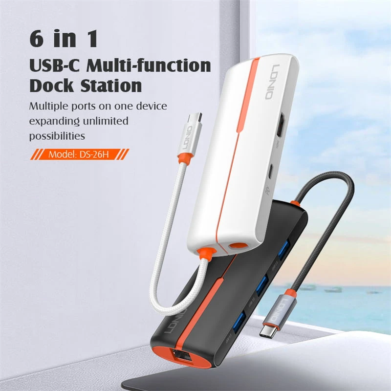 Ldnio DS-26H 6 في 1 (النوع C PD ، HDMI ، USB 3.0 ، RJ45) محطة الإرساء