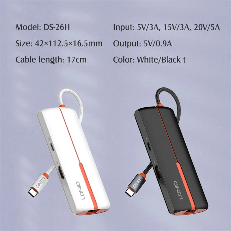 Ldnio DS-26H 6 في 1 (النوع C PD ، HDMI ، USB 3.0 ، RJ45) محطة الإرساء