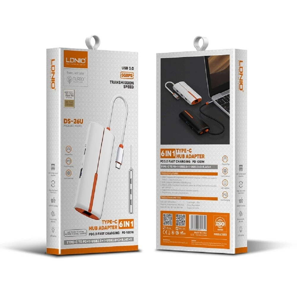 LDNIO DS-26U 6 في 1 (النوع C PD ، USB 2.0 ، USB 3.0 ، RJ45) محطة الإرساء