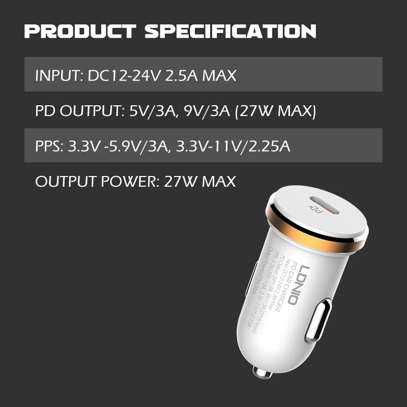 LDNIO 27W MINI SIZE USB -C FAST CAR ACRGER [C22Q] نوع الكابل -C 1M متضمن