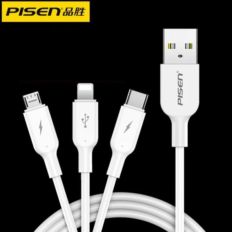 Pisen – 3 in 1 cable { lightning – Micro usb – type-c  // 3 A current // 1.2 M cable length } [ AP07 – 1200 ]