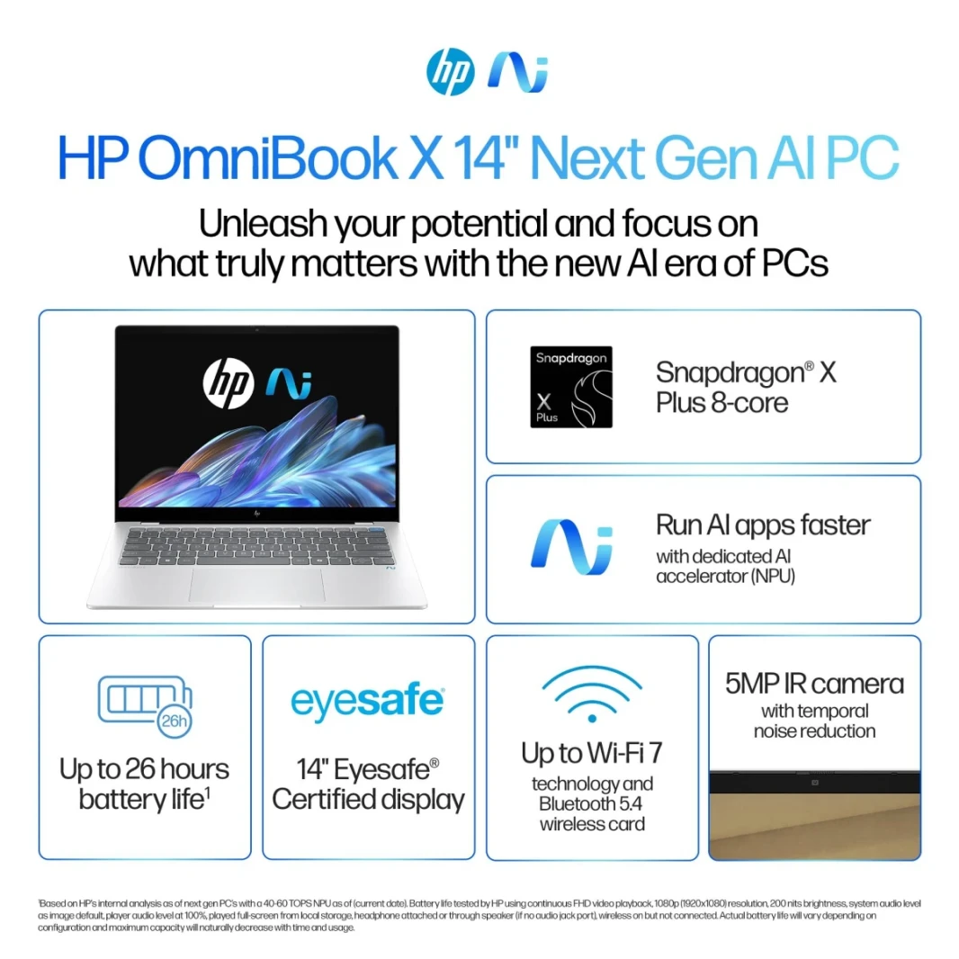 HP OmniBook X 14 (2024) 14-FE1003 Next Gen AI PC NEW Snapdragon X Plus 8-Cores AI-Powered w/ Long Battery Life & IPS 2.2K Touch Screen , Glacier Silver