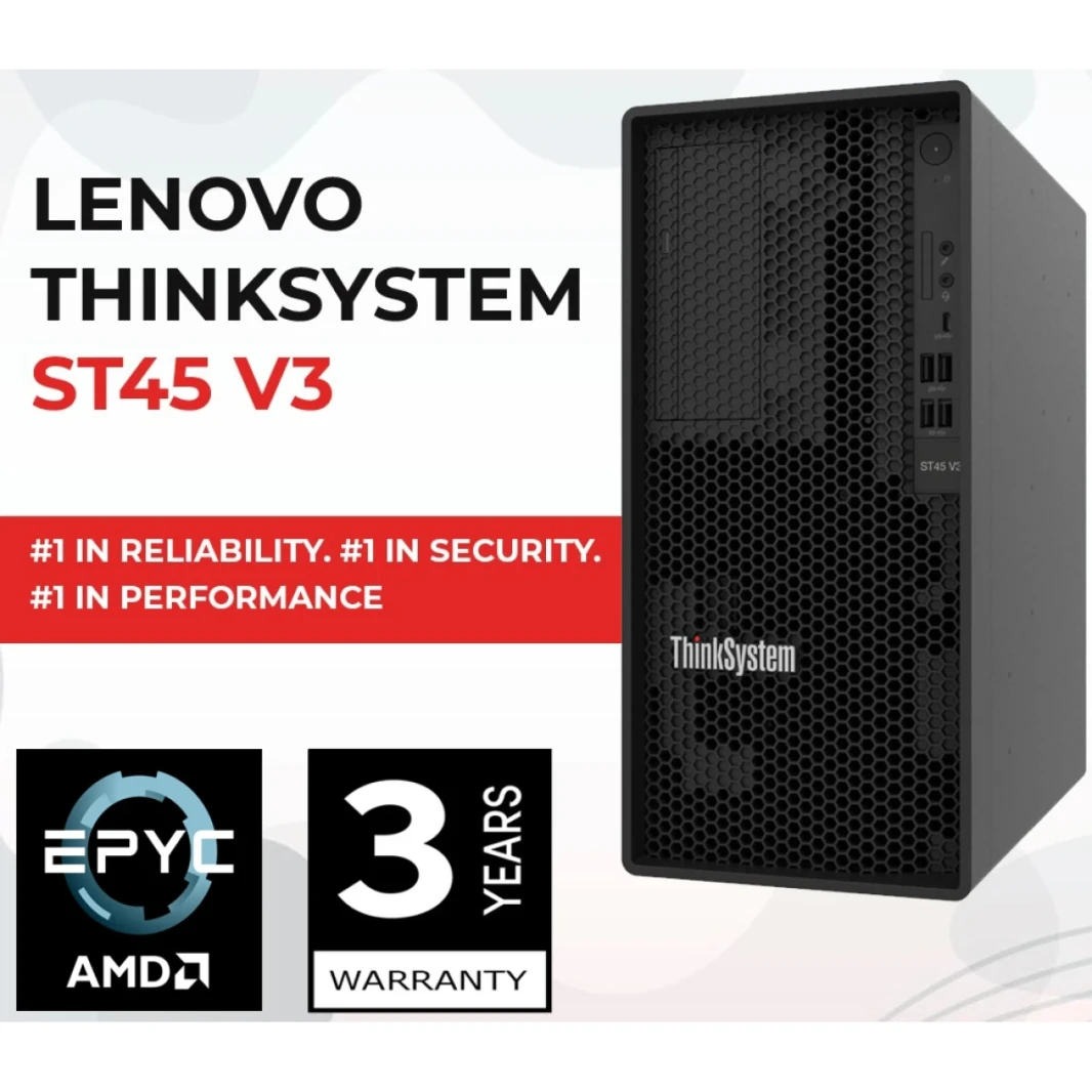 Lenovo ThinkSystem ST45 V3 AMD EPYC 4344P حتى 5.3 جيجا هرتز 8 CORES W/ 32GB DDR5 MEMIMENT و 2X 960GB Lenovo Enterprise SSD