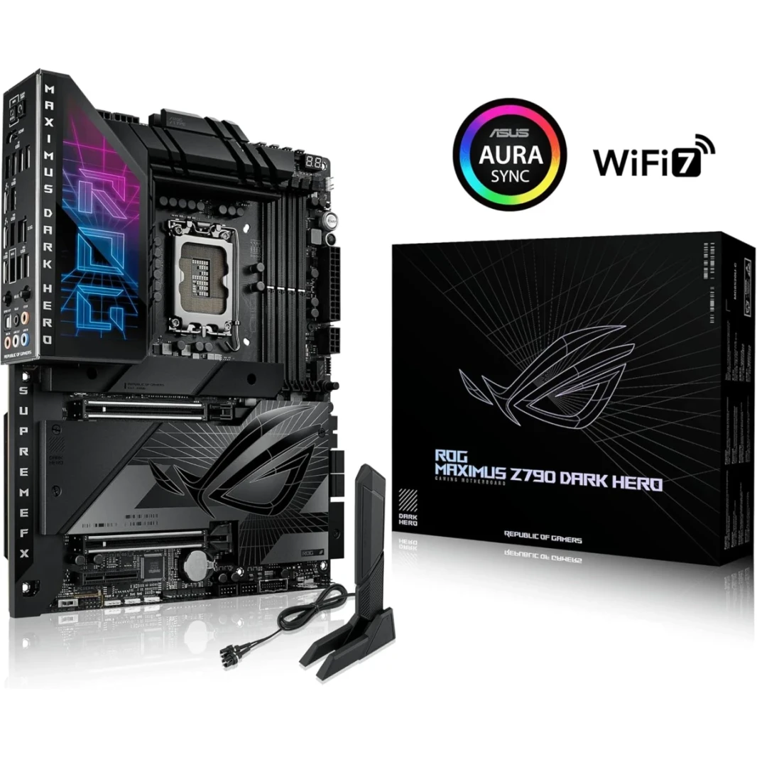 Asus Rog Maximus Z790 Dark Hero Atx Intel Z790 ، 4x DDR5 DIMM ، 192 جيجا بايت كحد أقصى ، Intel WiFi 7 ، BTV5.4 ، 2.5GB ETH ، PCIE 5.0 X16 ، HDMI/Thunderbolt 4/USB-C